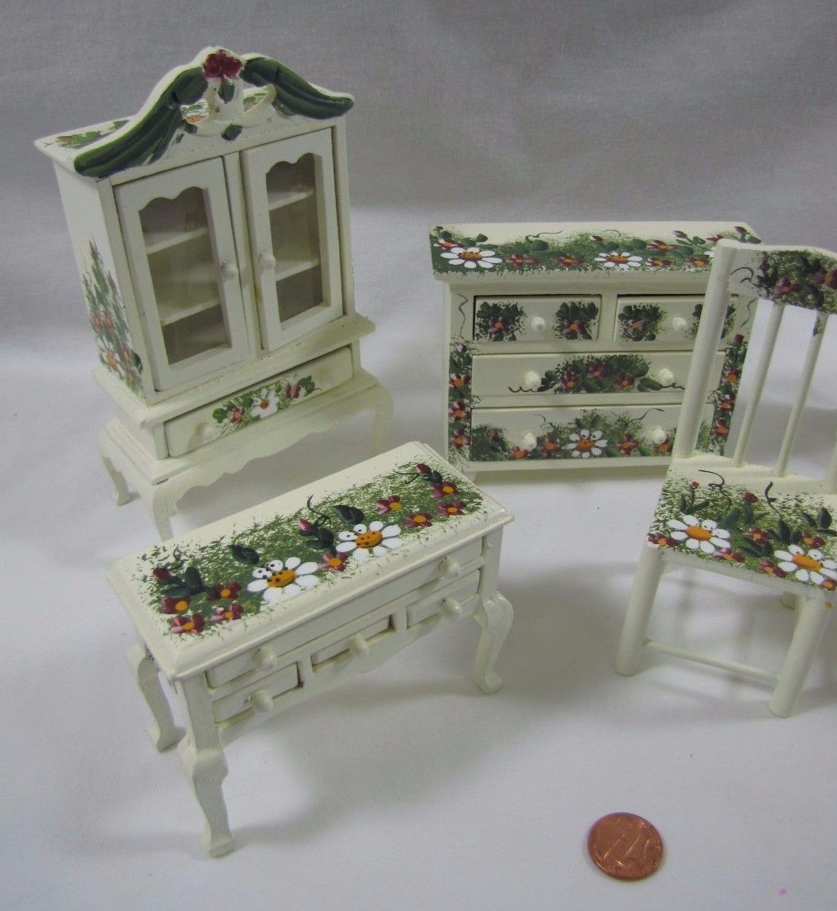 New! Set of WOOD HAND-PAINTED DOLLHOUSE FURNITURE Dresser Cabinet Desk Miniature