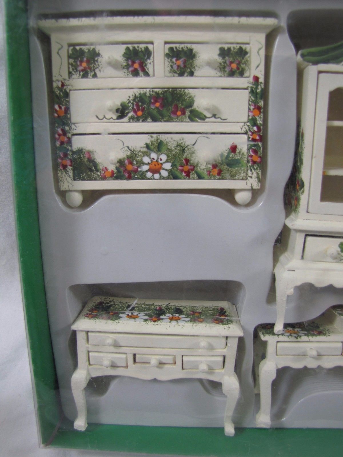 New! Set of WOOD HAND-PAINTED DOLLHOUSE FURNITURE Dresser Cabinet Desk Miniature