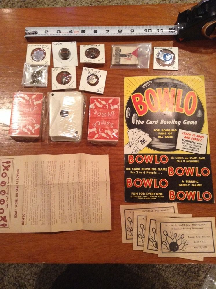 Vintage bowling lot, 1943 Bowlo Card Game, 1957 Ad, pin, match, token, charm, et