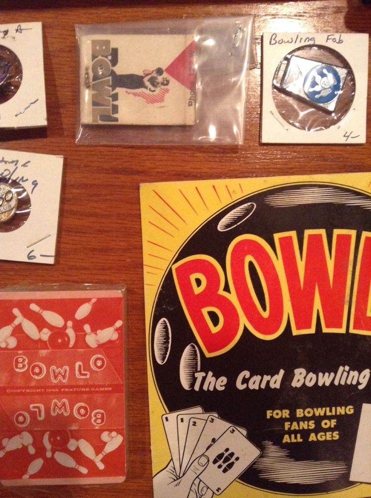 Vintage bowling lot, 1943 Bowlo Card Game, 1957 Ad, pin, match, token, charm, et