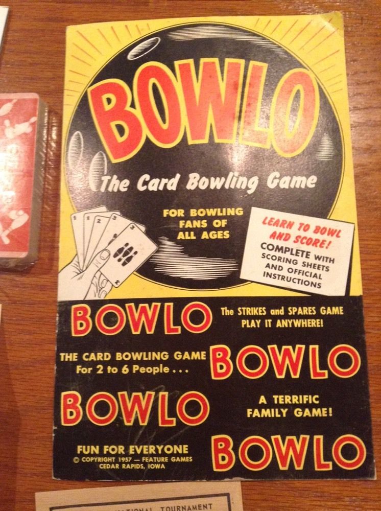 Vintage bowling lot, 1943 Bowlo Card Game, 1957 Ad, pin, match, token, charm, et