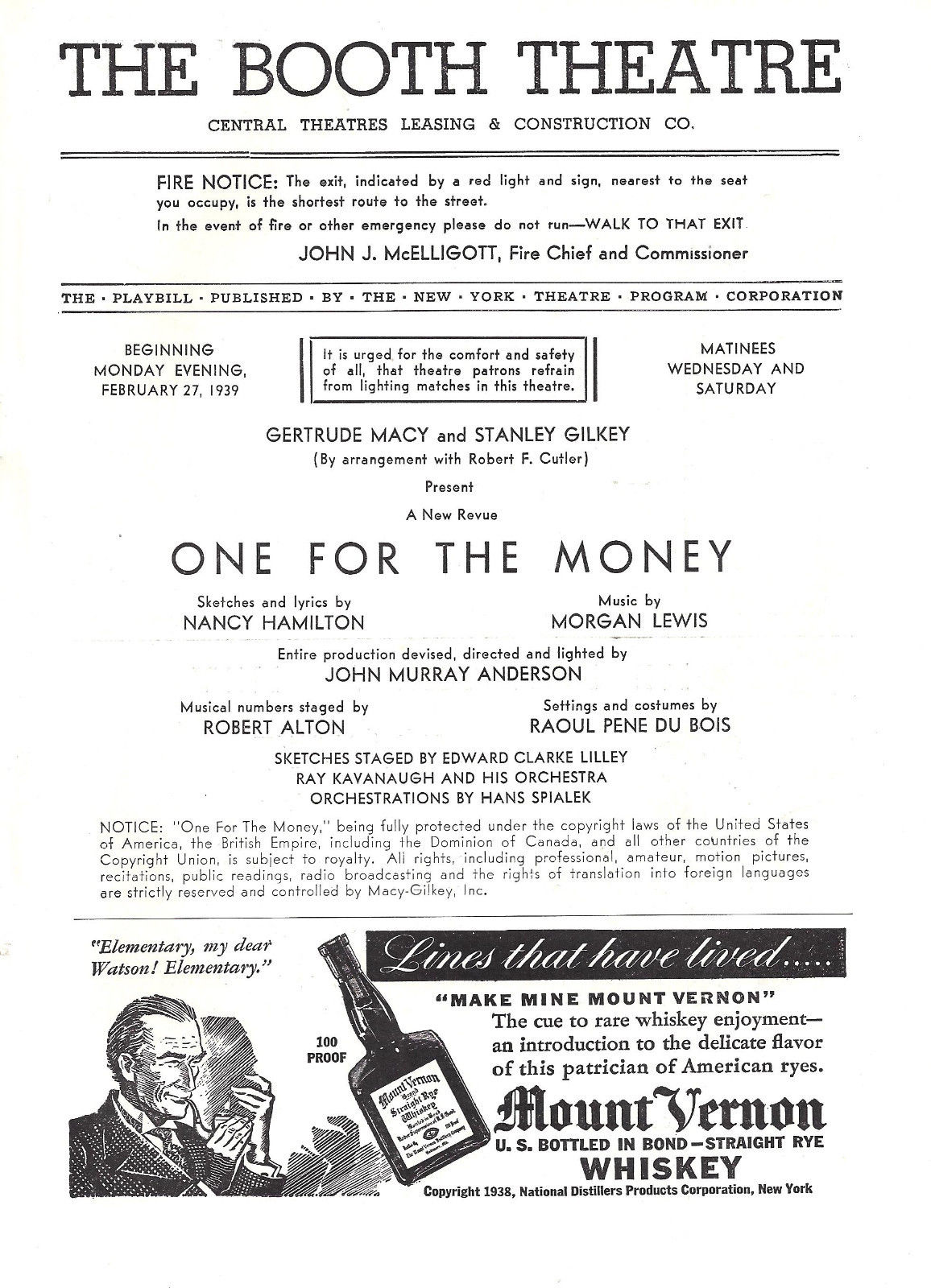 Gene Kelly "ONE FOR THE MONEY" Alfred Drake / Nancy Hamilton 1939 Playbill