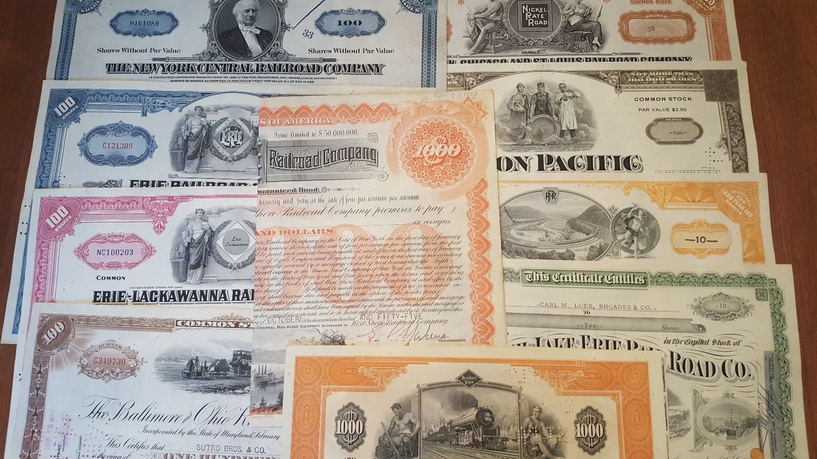 10 Different Railroad Stock Certificates Reading Pennsylvania B&O Erie U.P Lot