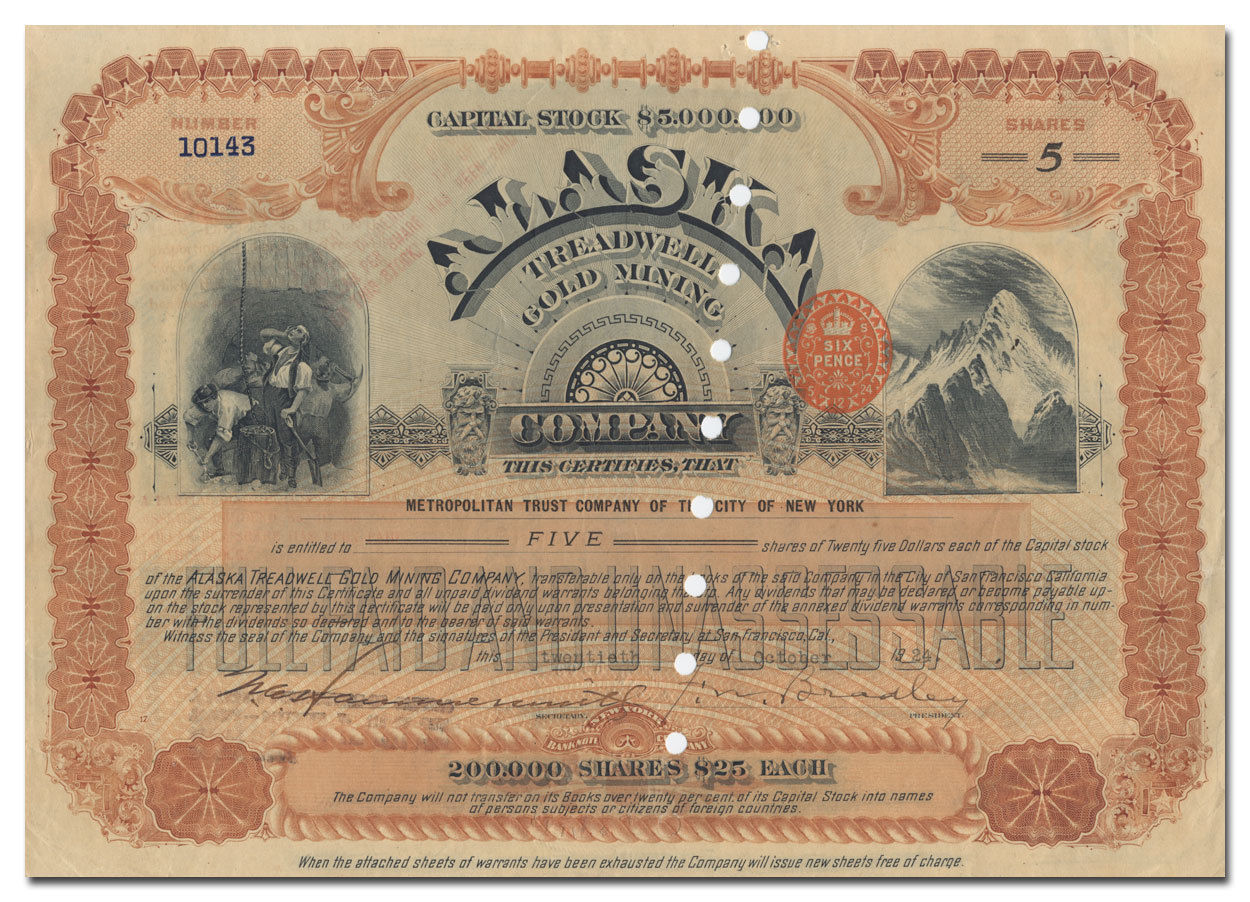 Alaska Treadwell Gold Mining Company Stock Certificate