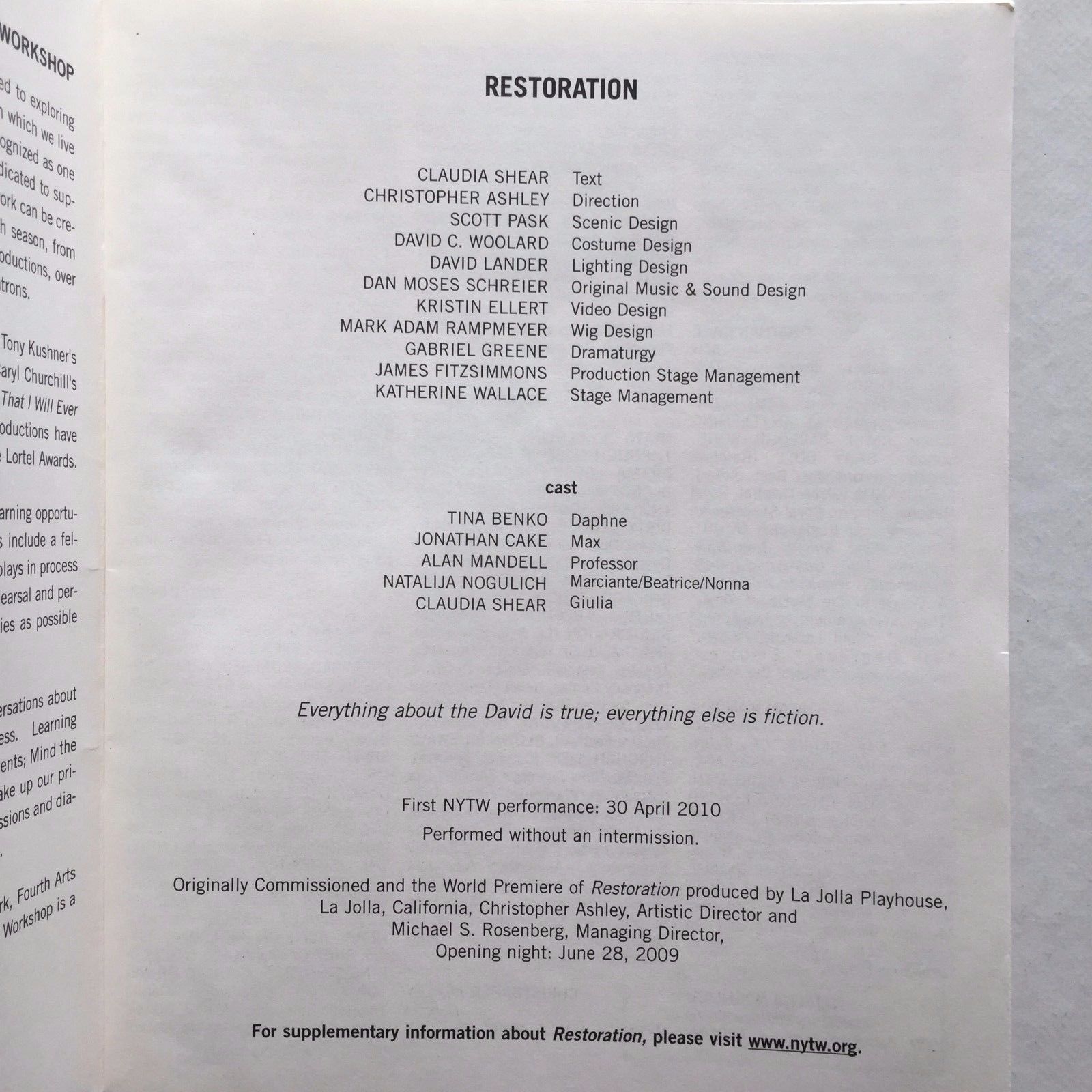 Restoration - June 2010 New York Theatre Workshop Program