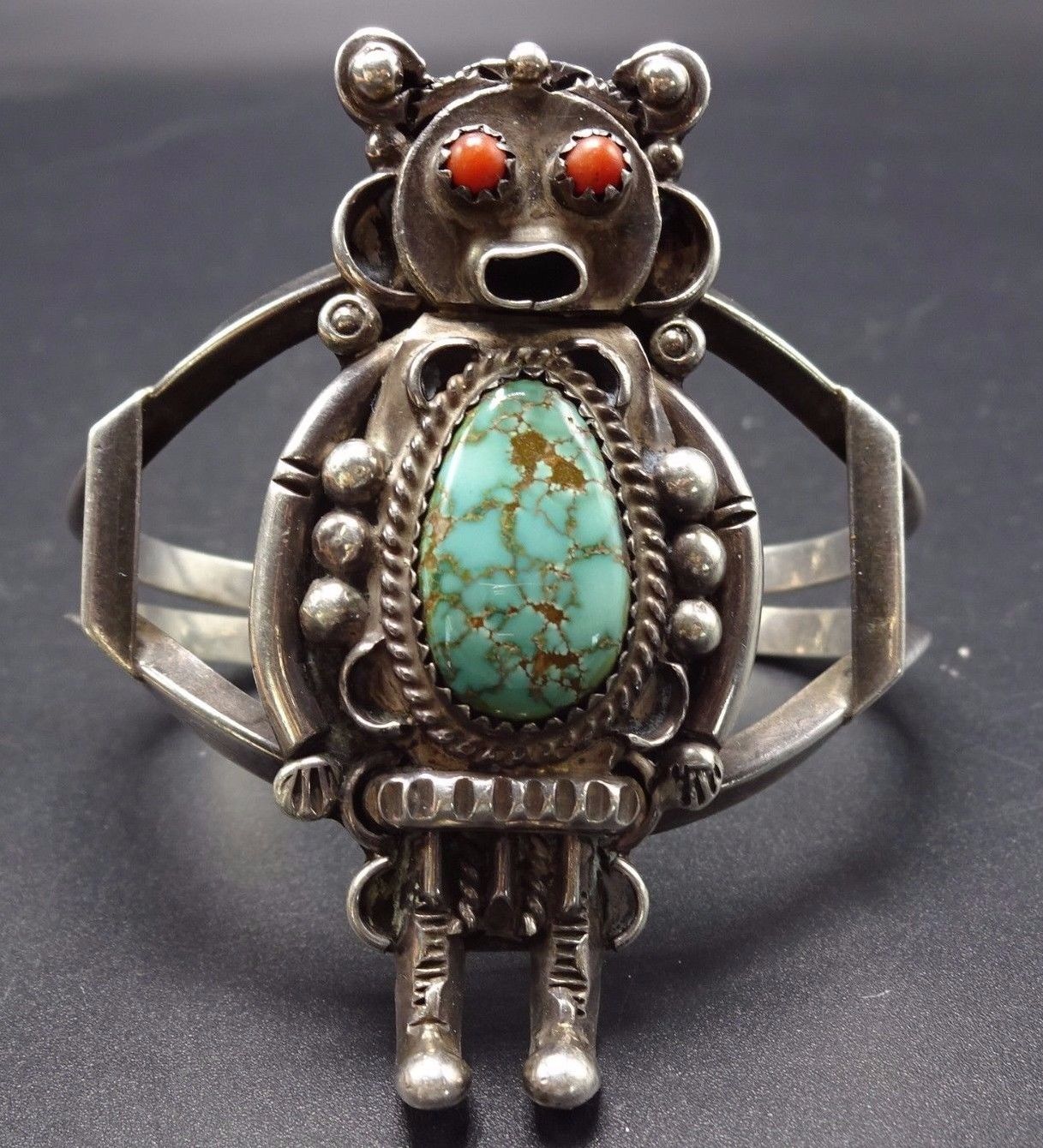 Vintage NAVAJO Sterling Silver CORAL & Spiderweb TURQUOISE KACHINA Cuff BRACELET