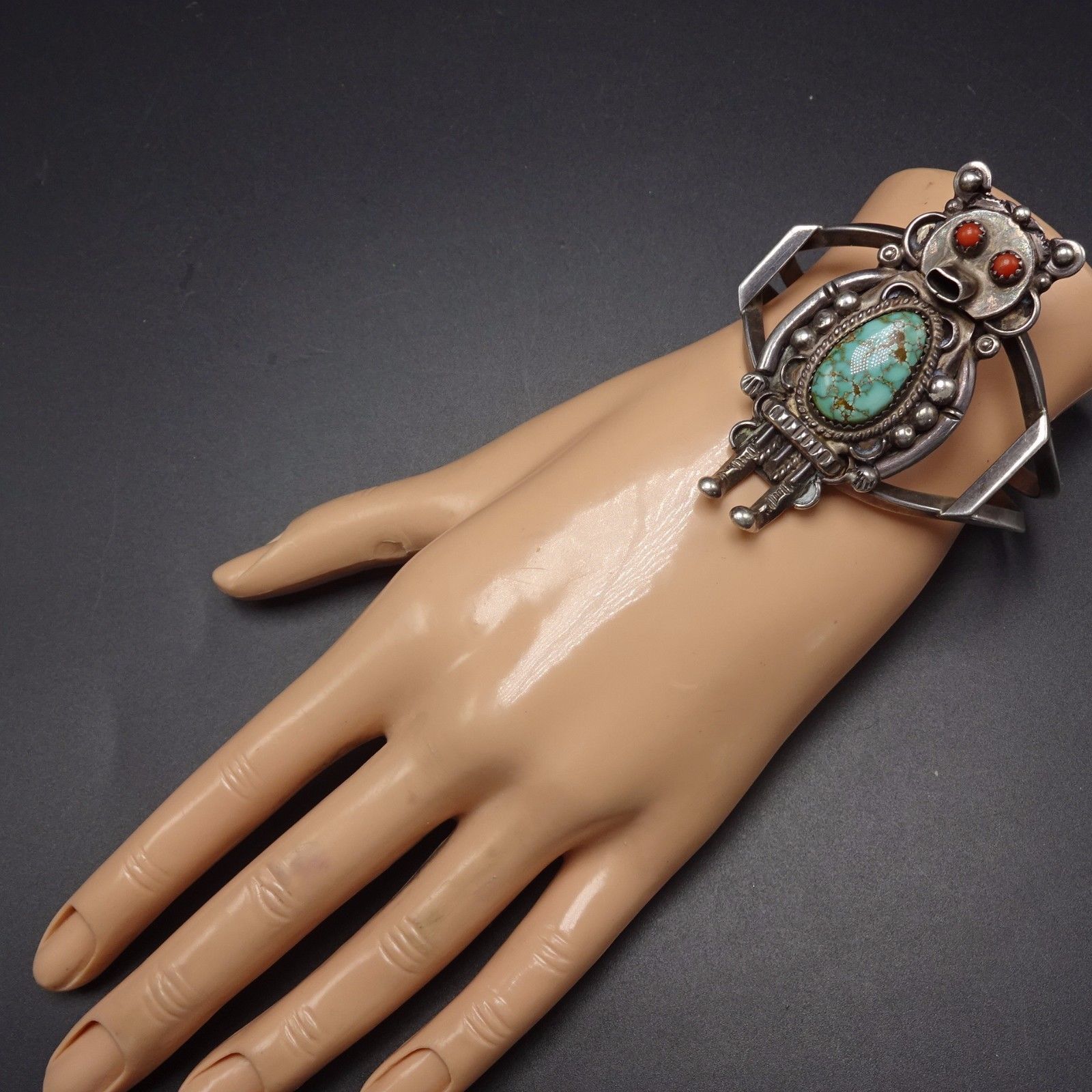 Vintage NAVAJO Sterling Silver CORAL & Spiderweb TURQUOISE KACHINA Cuff BRACELET