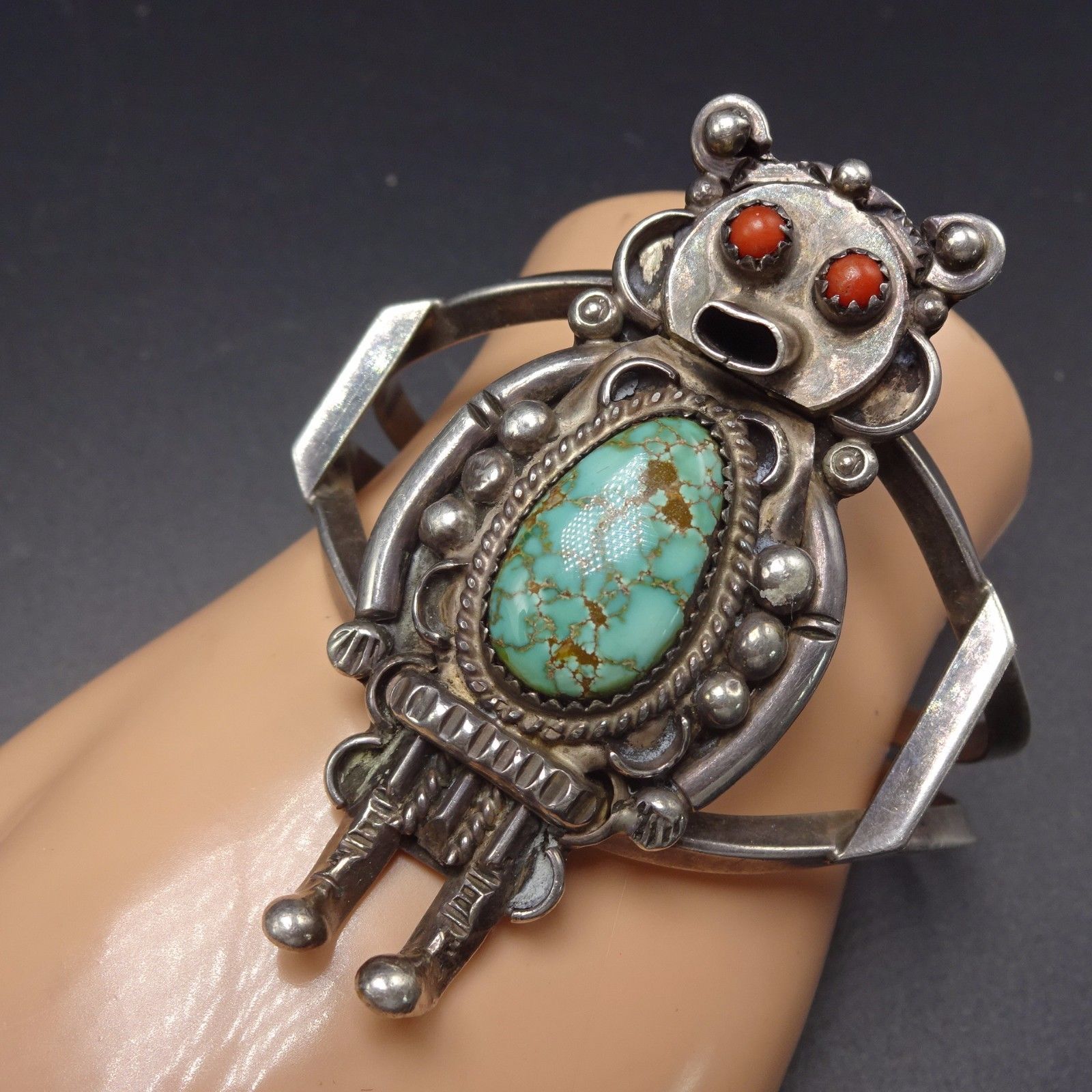 Vintage NAVAJO Sterling Silver CORAL & Spiderweb TURQUOISE KACHINA Cuff BRACELET