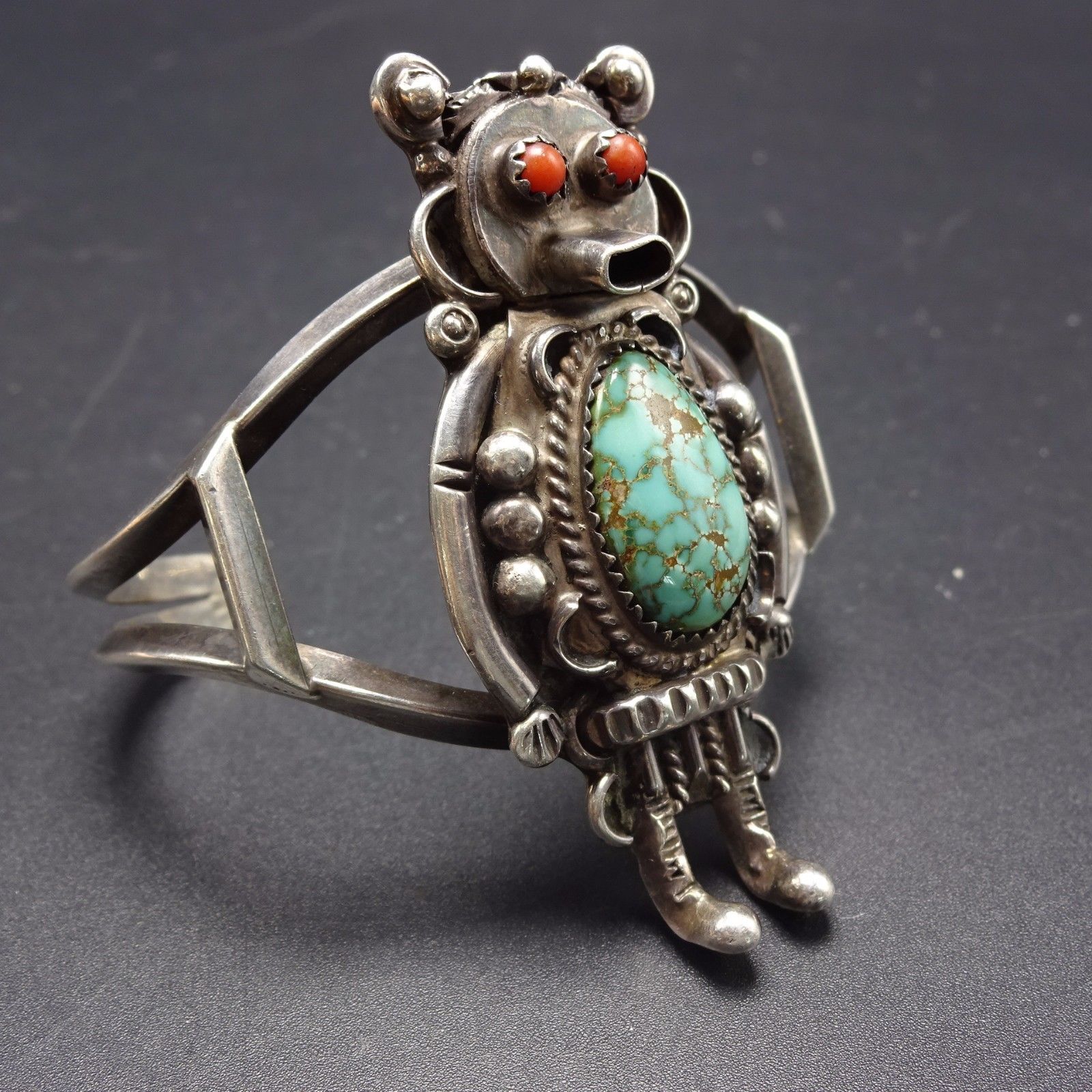 Vintage NAVAJO Sterling Silver CORAL & Spiderweb TURQUOISE KACHINA Cuff BRACELET