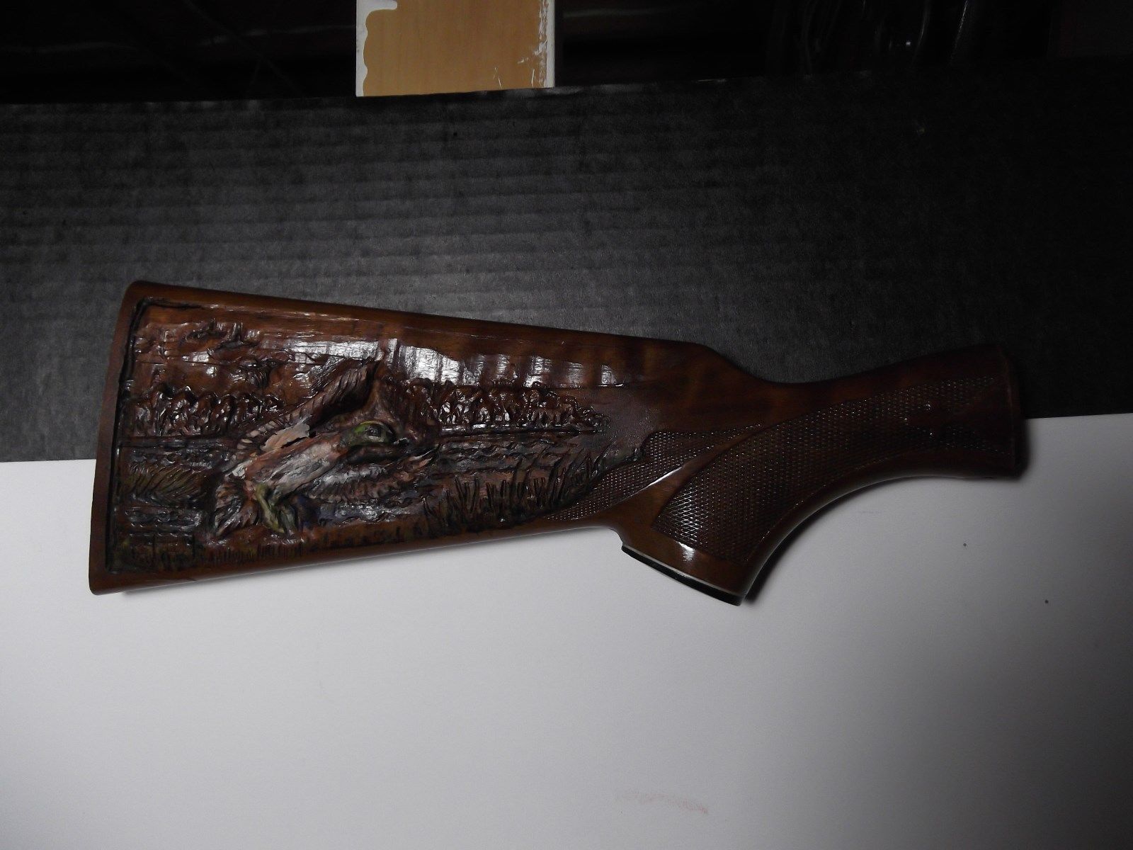 MALLARD DUCK IN FLIGHT HAND CARVED WOOD GUN STOCK 2014 BY R. HOWELL