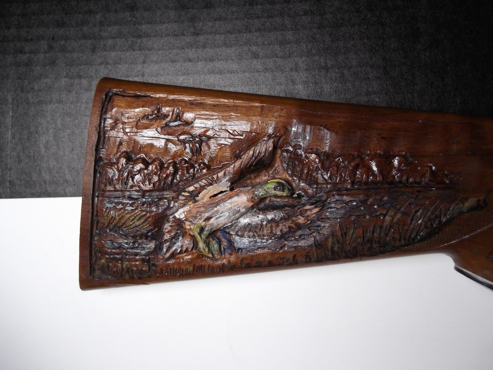 MALLARD DUCK IN FLIGHT HAND CARVED WOOD GUN STOCK 2014 BY R. HOWELL