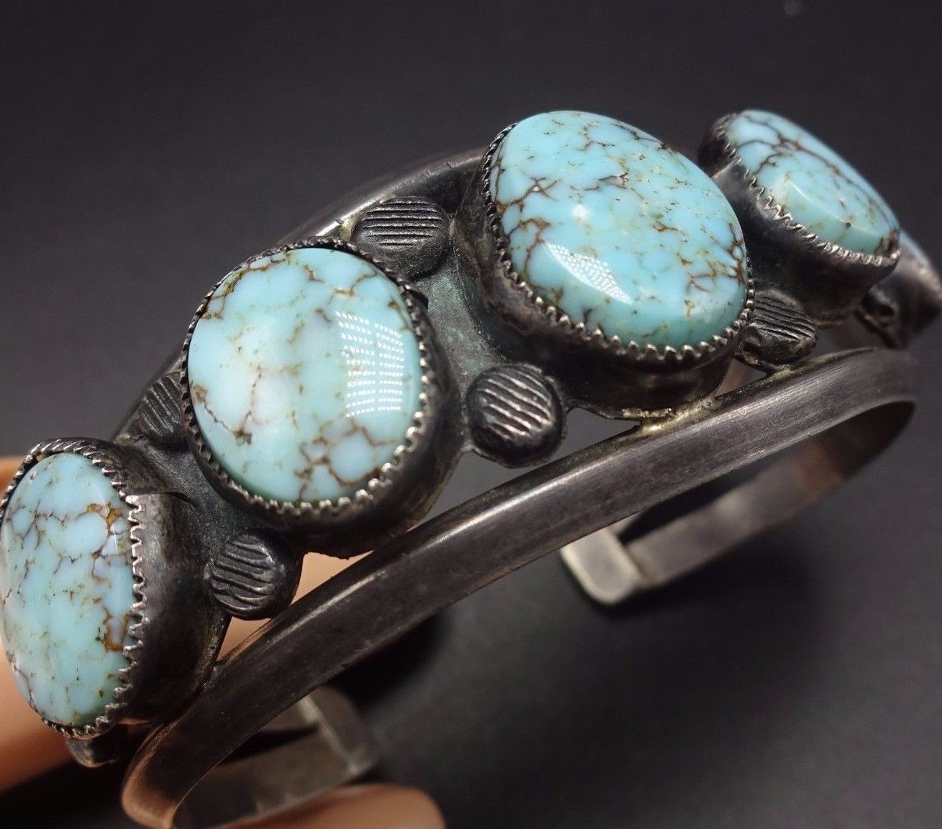 Vintage NAVAJO Sterling Silver & Light Blue TURQUOISE Cuff BRACELET