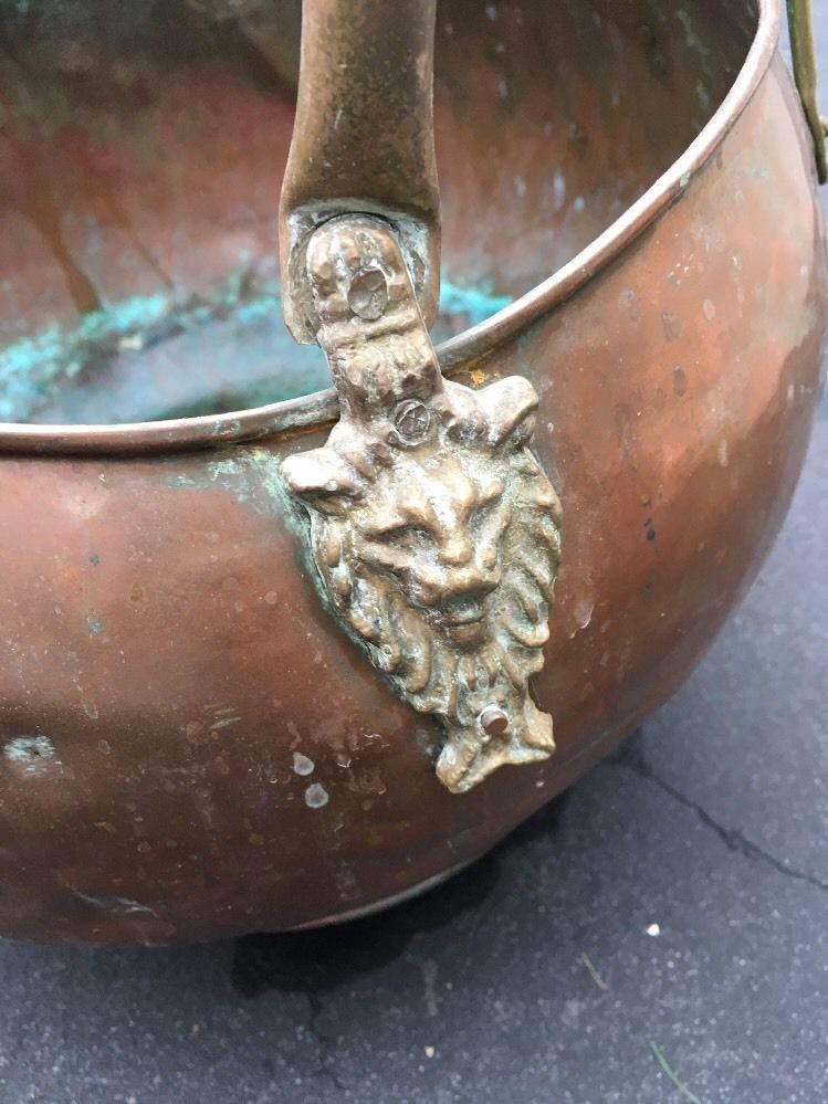 Vintage Copper & Brass Lion Head Coal Fireplace Ash Scuttle Bucket Delft Handles