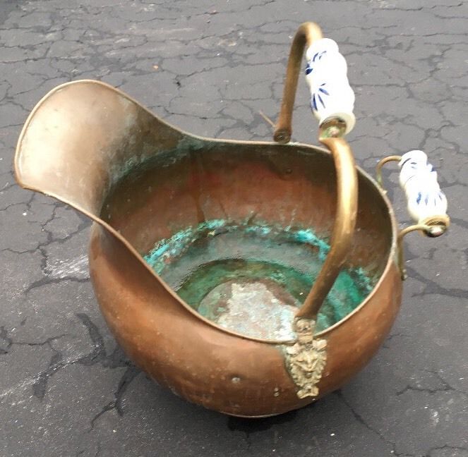 Vintage Copper & Brass Lion Head Coal Fireplace Ash Scuttle Bucket Delft Handles