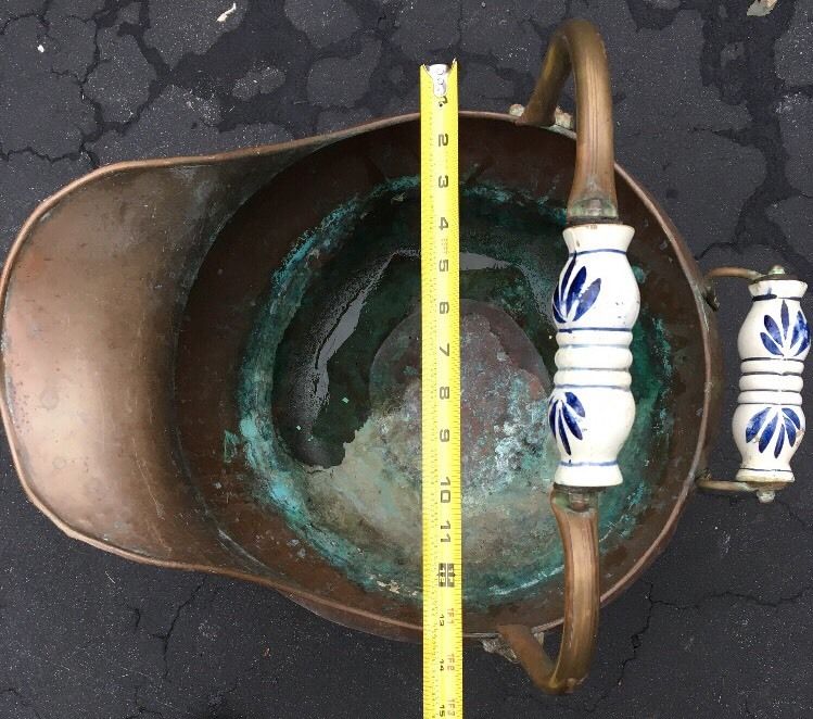 Vintage Copper & Brass Lion Head Coal Fireplace Ash Scuttle Bucket Delft Handles