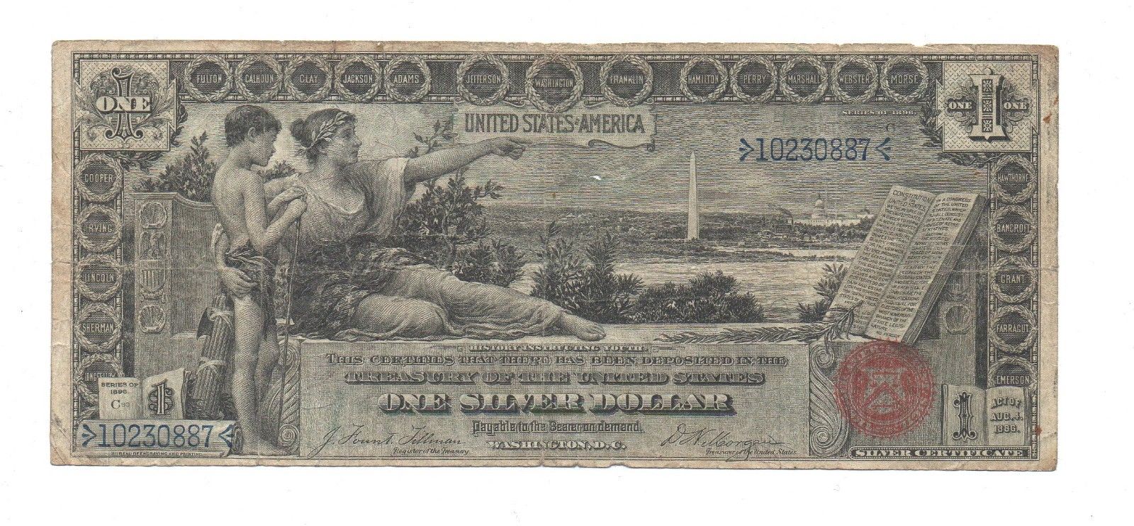 1896 UNITED STATES $1. SILVER CERTIFICATE. LARGE PAPER MONEY, BILL