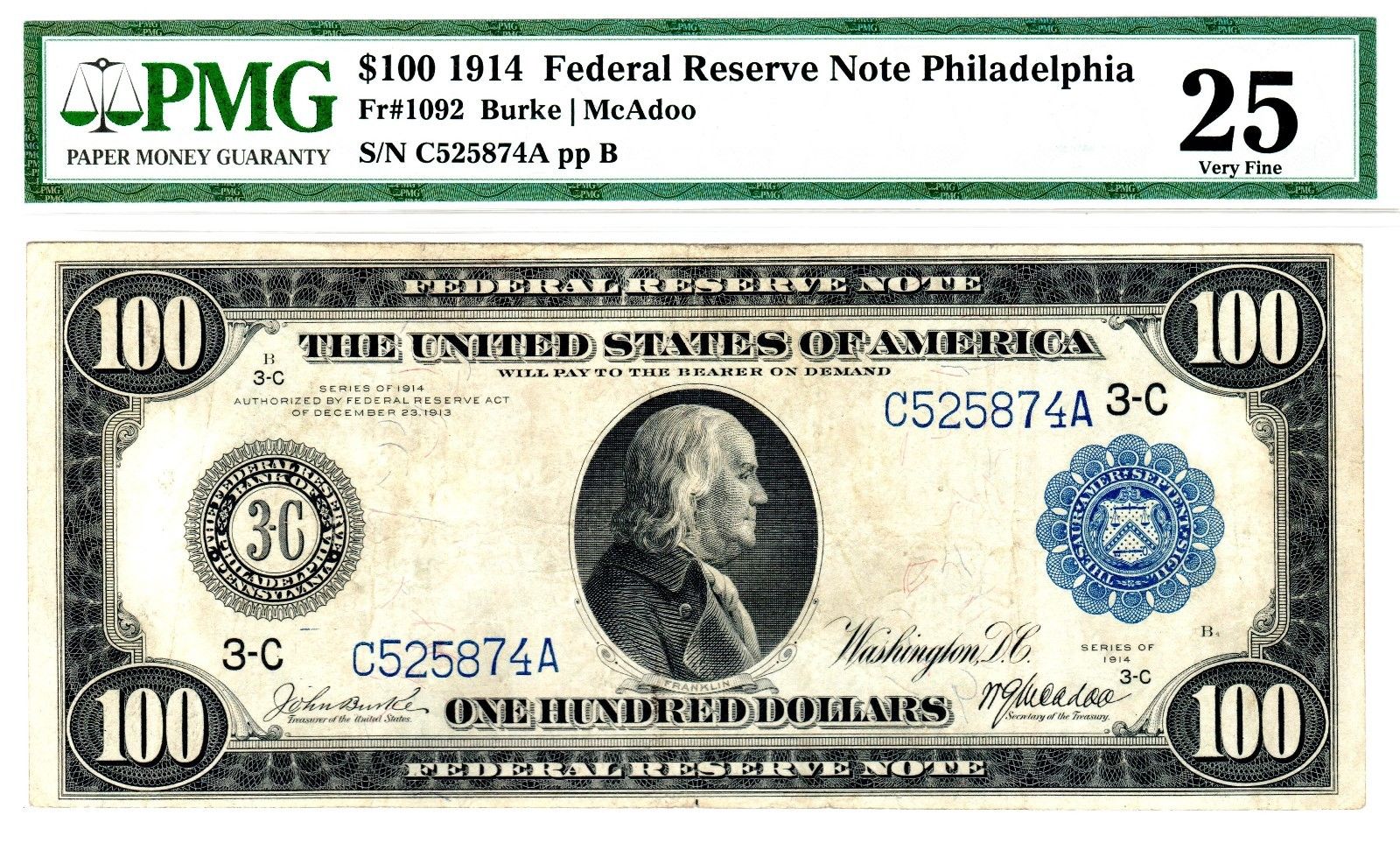 1914 $100 Federal Reserve Note, Fr. 1092, Very Fine (VF-25) Condition (PMG)