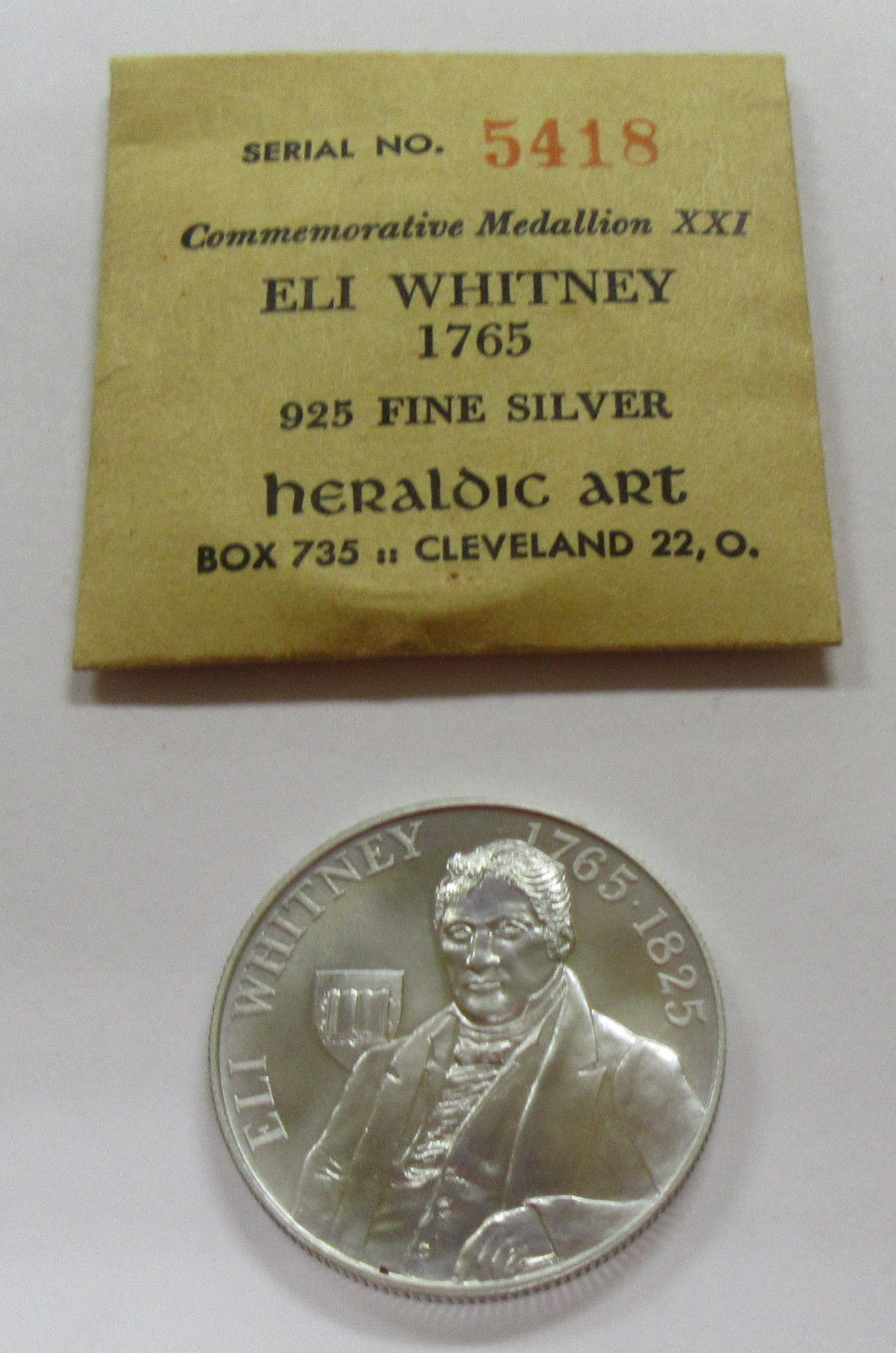 Rare 1965 Eli Whitney Commemorative Heraldic Art .925 Silver Medal