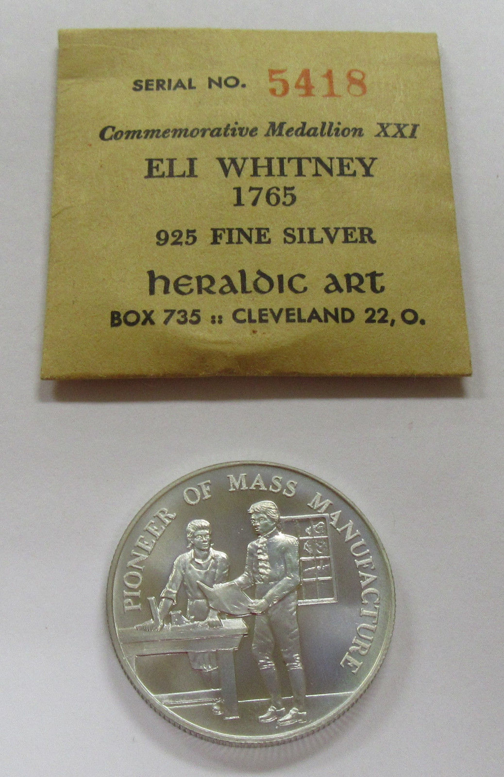 Rare 1965 Eli Whitney Commemorative Heraldic Art .925 Silver Medal