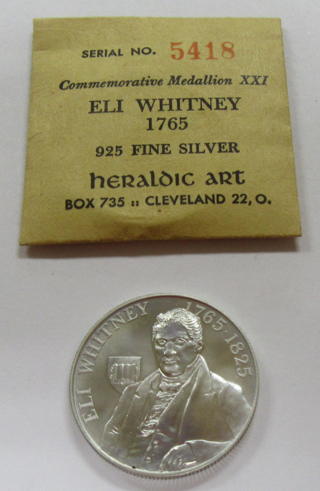 Rare 1965 Eli Whitney Commemorative Heraldic Art .925 Silver Medal