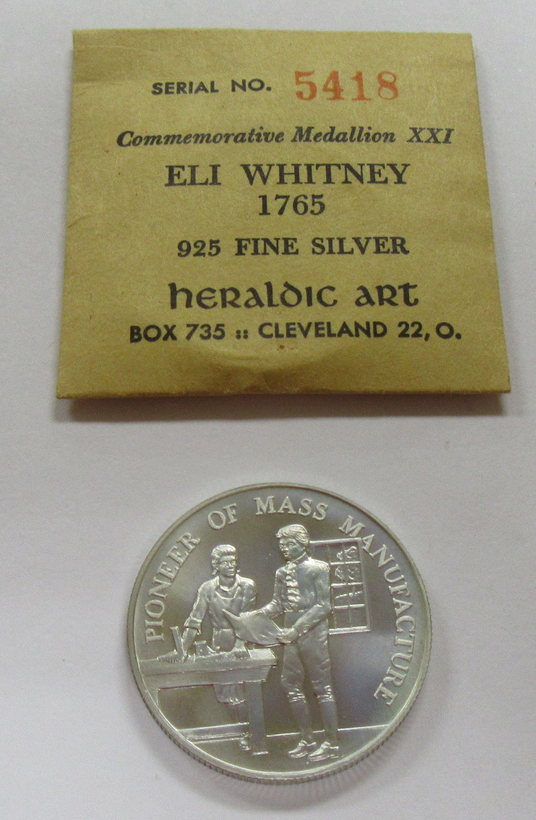 Rare 1965 Eli Whitney Commemorative Heraldic Art .925 Silver Medal