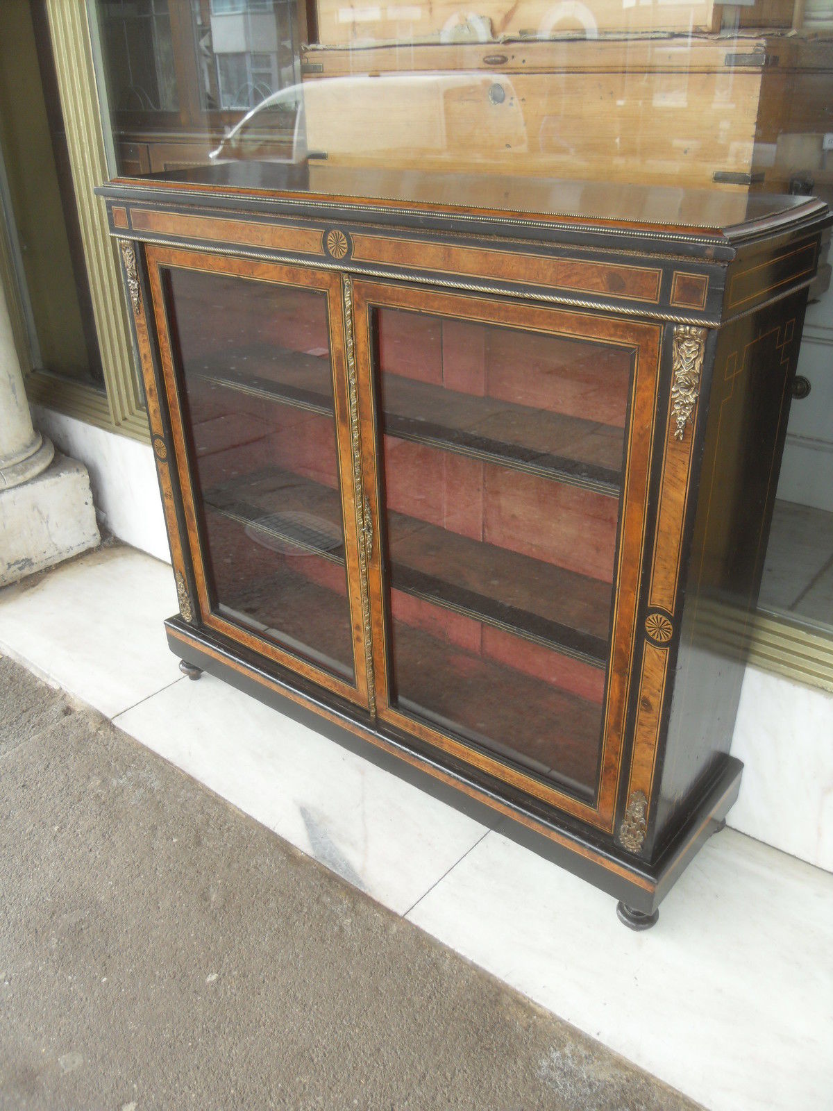 Victorian Antique  Ebonised & Walnut , Inlaid & Brass Display Cabinet