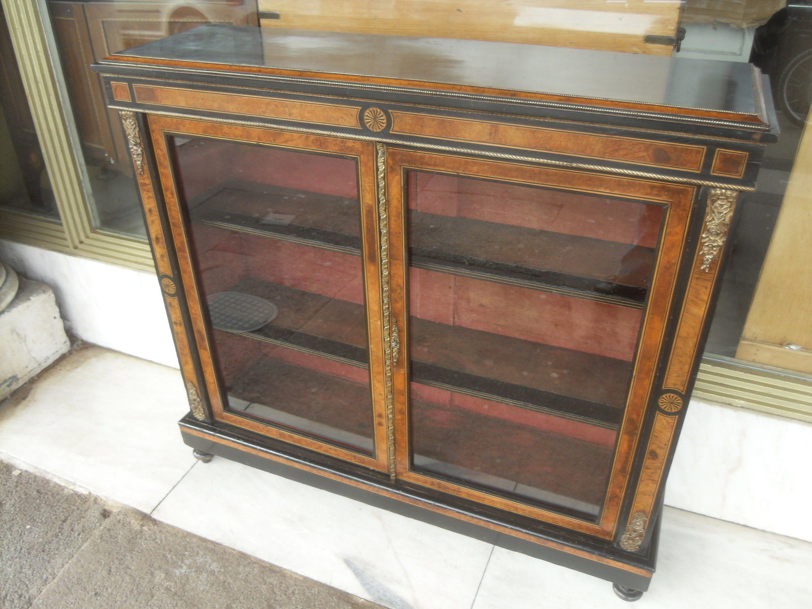 Victorian Antique  Ebonised & Walnut , Inlaid & Brass Display Cabinet