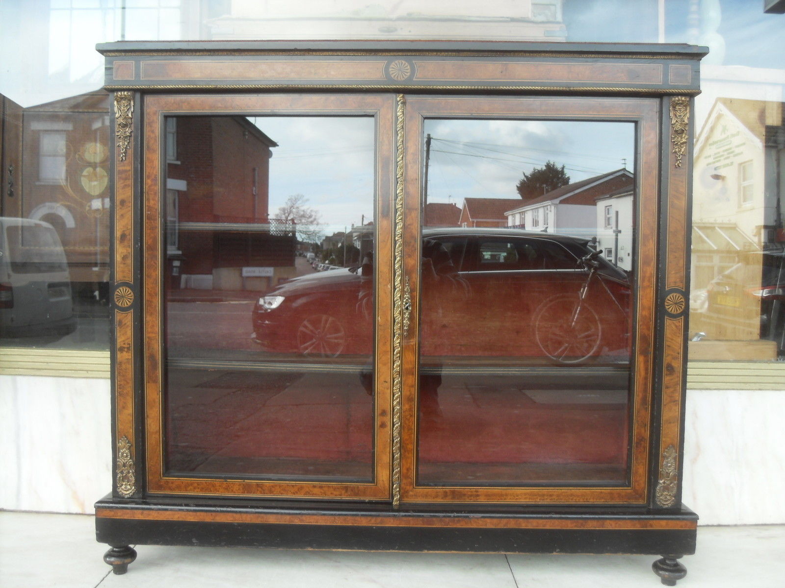 Victorian Antique  Ebonised & Walnut , Inlaid & Brass Display Cabinet