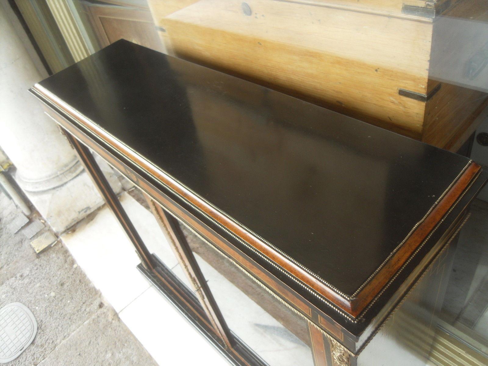 Victorian Antique  Ebonised & Walnut , Inlaid & Brass Display Cabinet