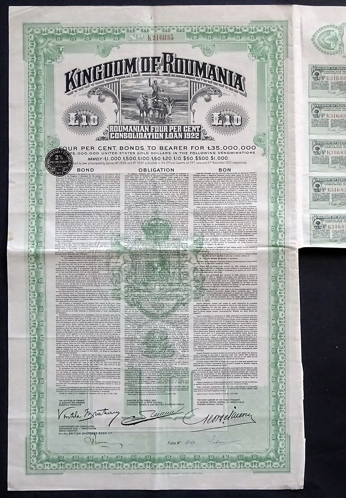 1923 Kingdom of Roumania: Roumanian 4% Consolidation Loan 1922 for £10