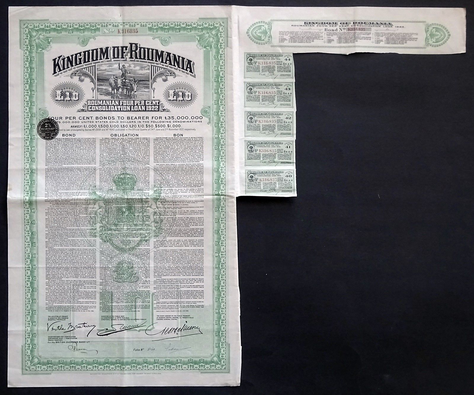 1923 Kingdom of Roumania: Roumanian 4% Consolidation Loan 1922 for £10