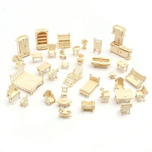 34Pcs/1 Set Vintage Wooden Furniture Dolls House Miniature For Children Gift