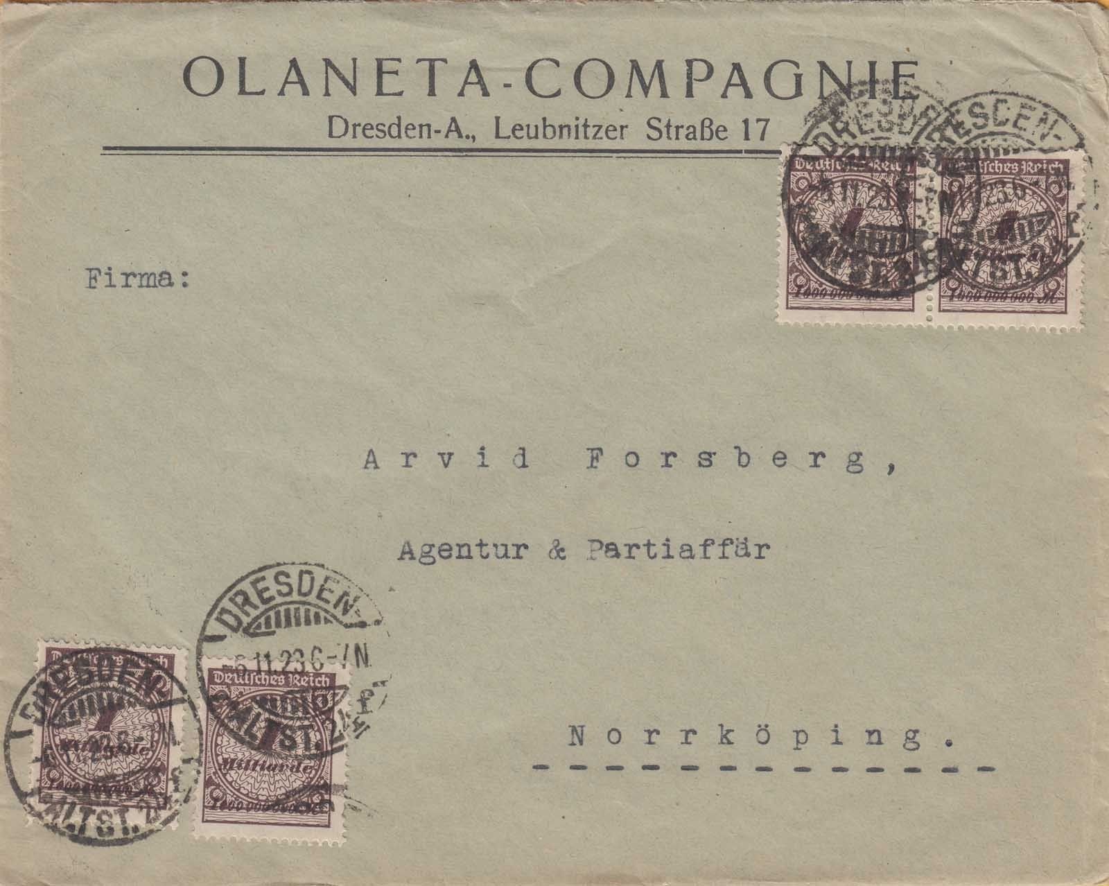 GERMANY INFLATION ~ 6 NOV 1923 ~ FOUR 1mia STAMPS on ADVERTISING COVER to SWEDEN