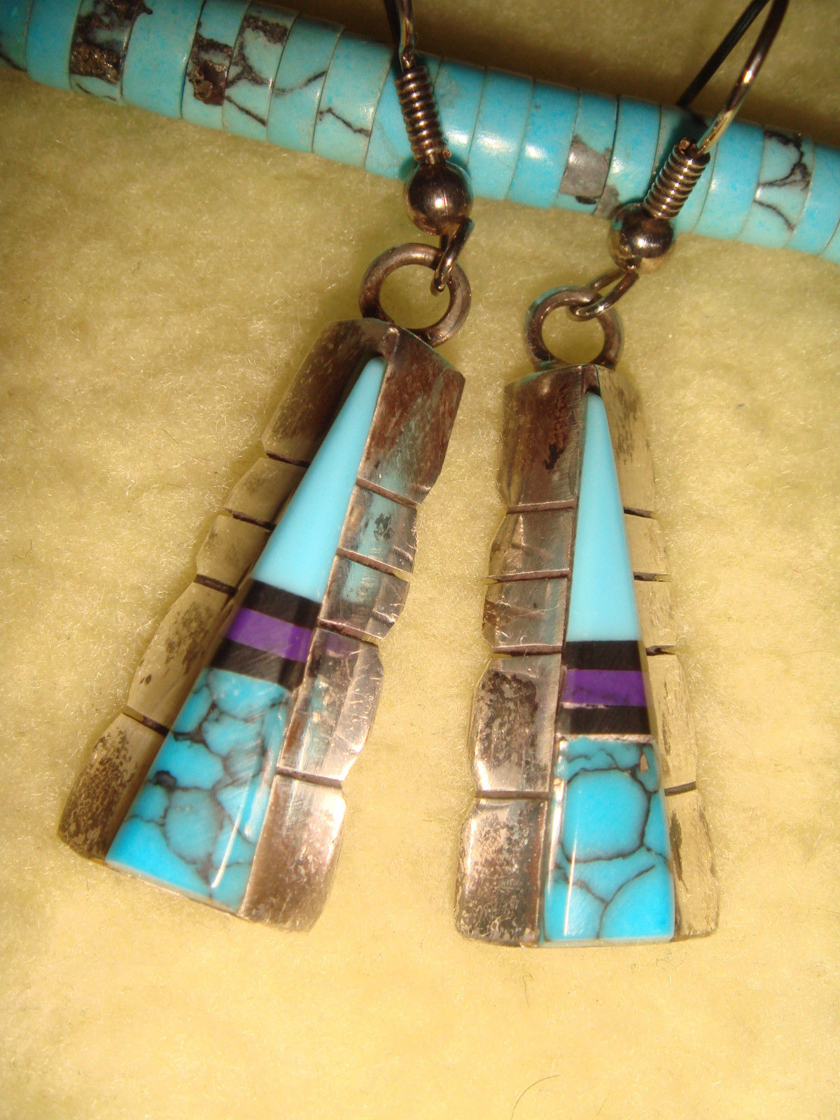 VINTAGE OLD PAWN ZUNI 2" STERLING SILVER TURQUOISE & SUGILITE DANGLE EARRINGS B