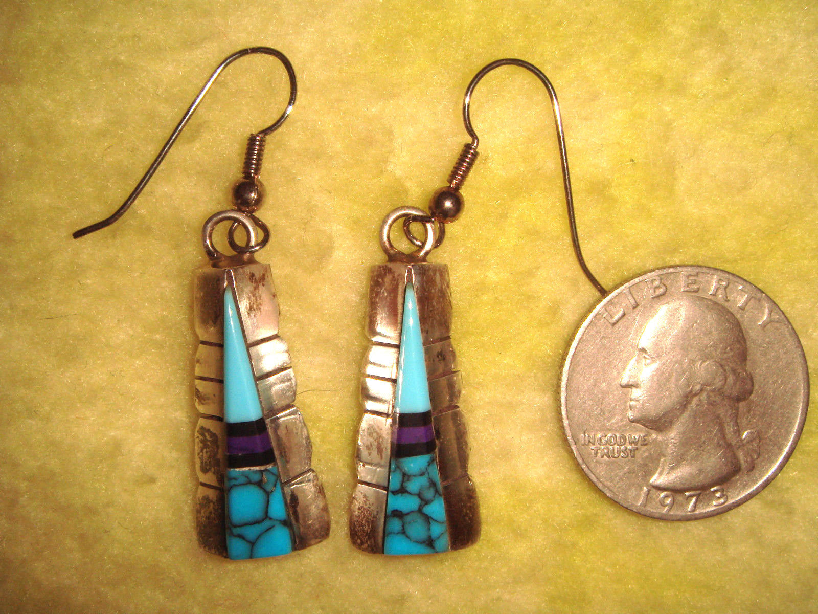 VINTAGE OLD PAWN ZUNI 2" STERLING SILVER TURQUOISE & SUGILITE DANGLE EARRINGS B