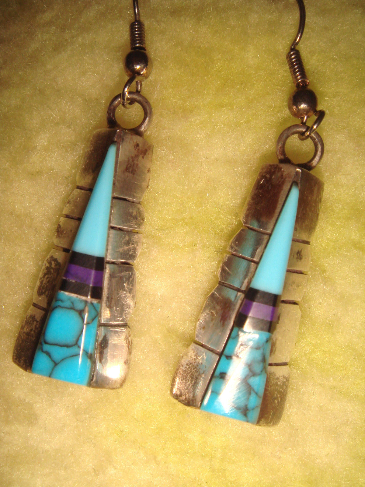 VINTAGE OLD PAWN ZUNI 2" STERLING SILVER TURQUOISE & SUGILITE DANGLE EARRINGS B