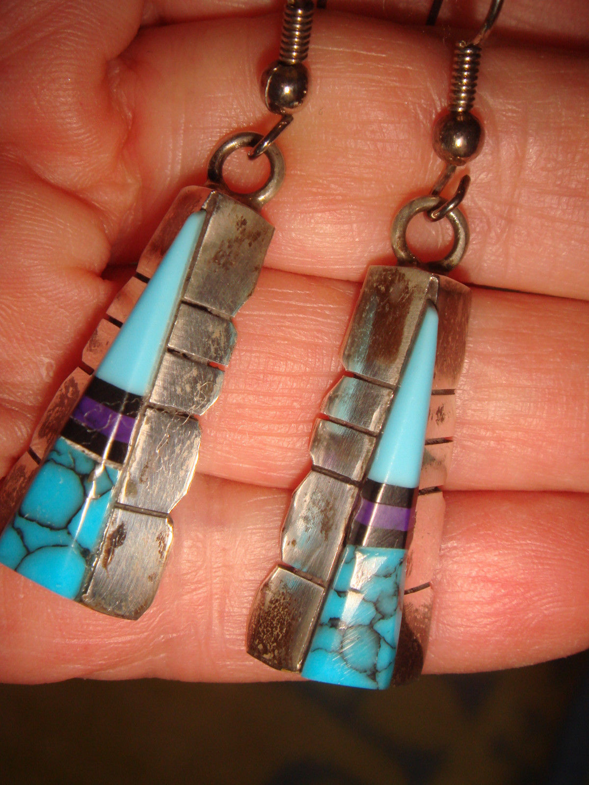 VINTAGE OLD PAWN ZUNI 2" STERLING SILVER TURQUOISE & SUGILITE DANGLE EARRINGS B