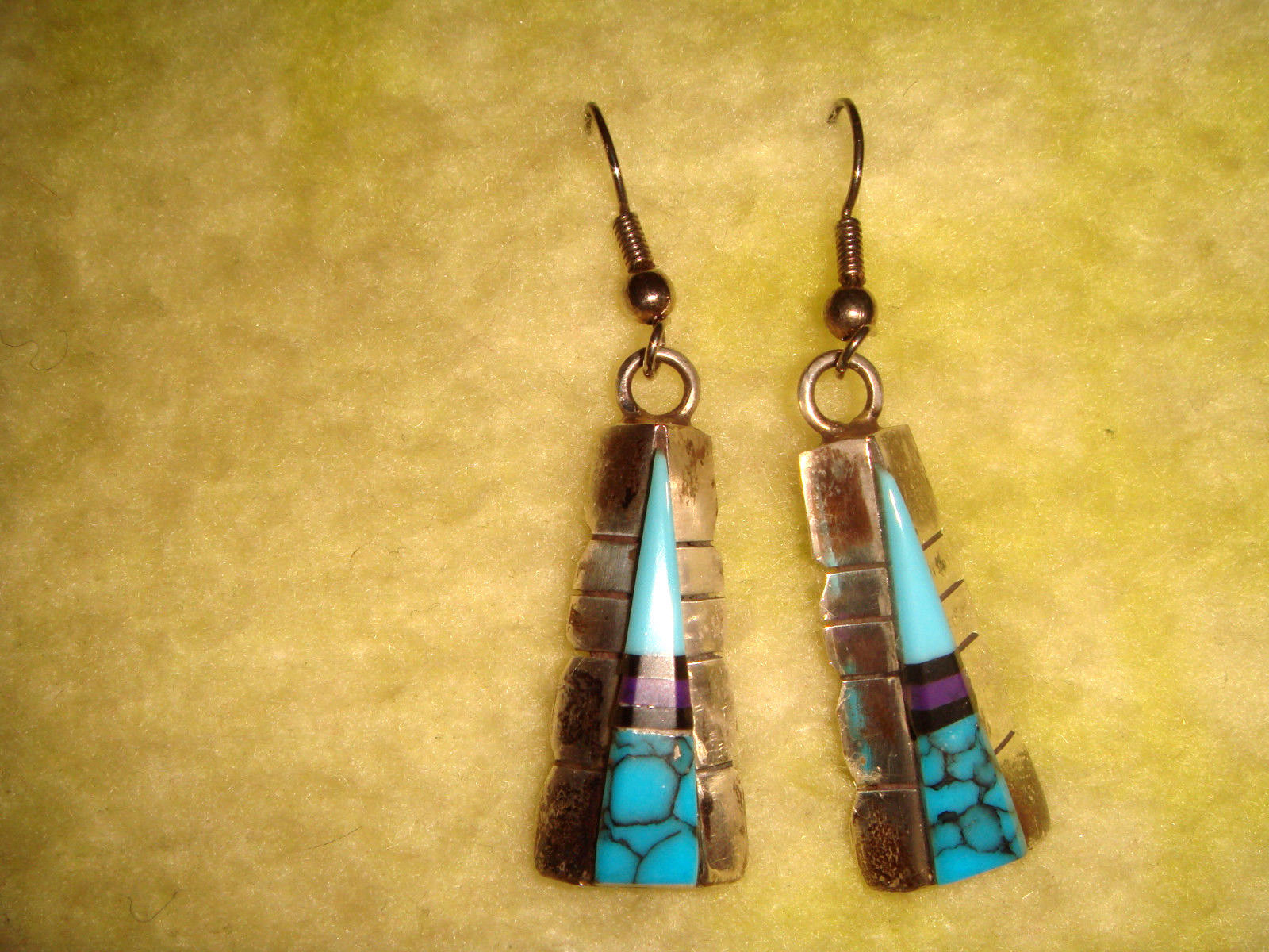 VINTAGE OLD PAWN ZUNI 2" STERLING SILVER TURQUOISE & SUGILITE DANGLE EARRINGS B