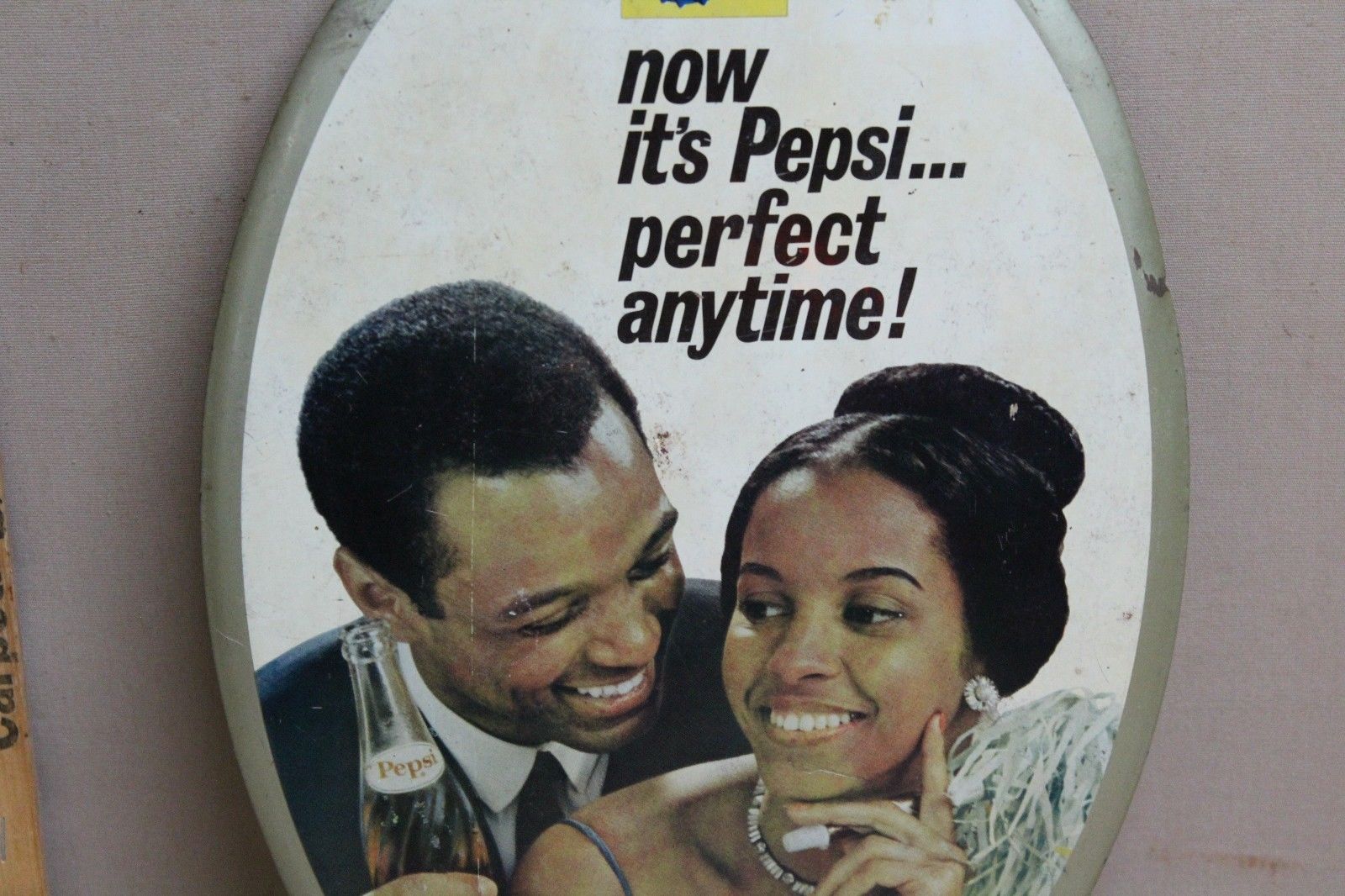 RARE 1960's PEPSI COLA CELLULOID SIGN BLACK AMERICANA PERFECT ANYTIME COKE #2