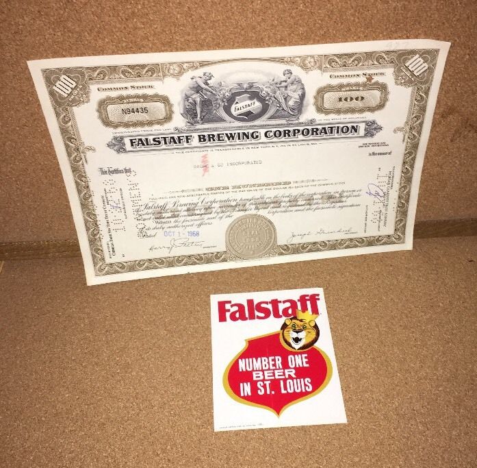 Falstaff Beer Brewing Corporation Stock Certificate +Vintage Decal St Louis Area