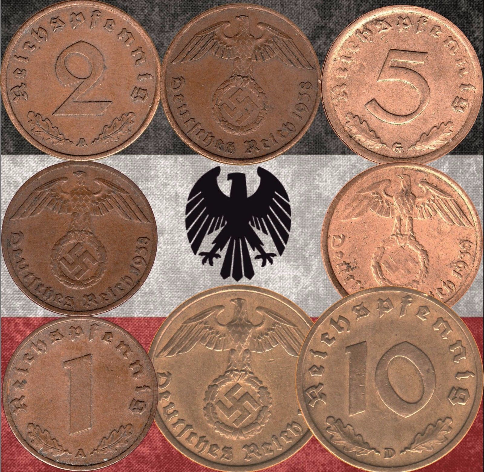 Set of  Nazi Germany 1, 2, 5 & 10 Reichspfennig coins 1937-1939 WWII  (#170)