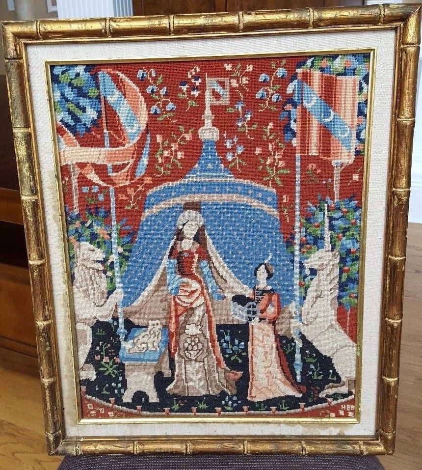 23x20 Medieval French Lady And The Unicorn Needlepoint Tapestry Gold Frame