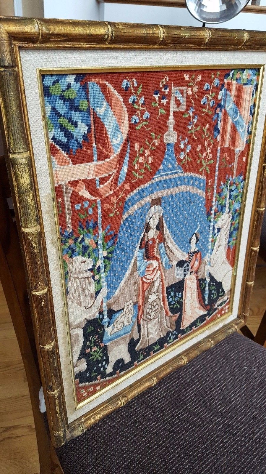 23x20 Medieval French Lady And The Unicorn Needlepoint Tapestry Gold Frame