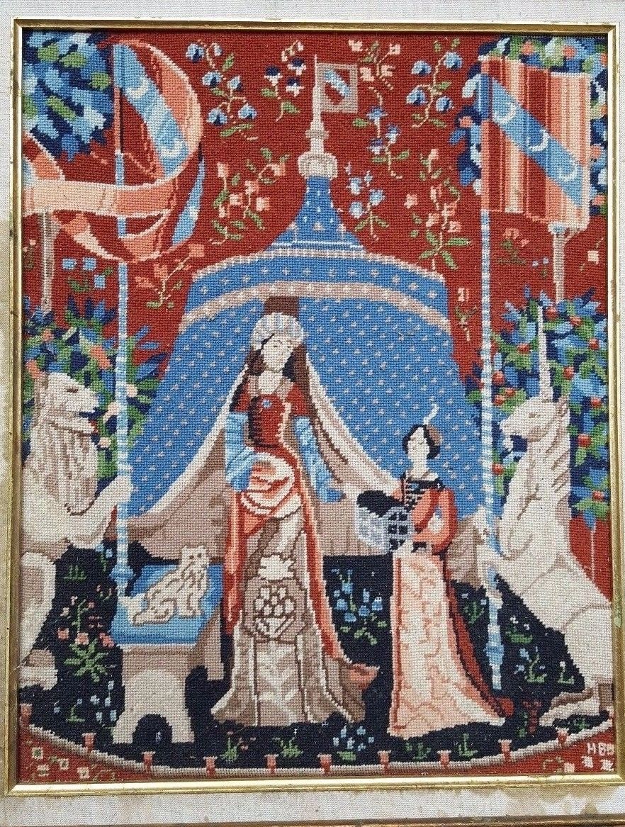 23x20 Medieval French Lady And The Unicorn Needlepoint Tapestry Gold Frame