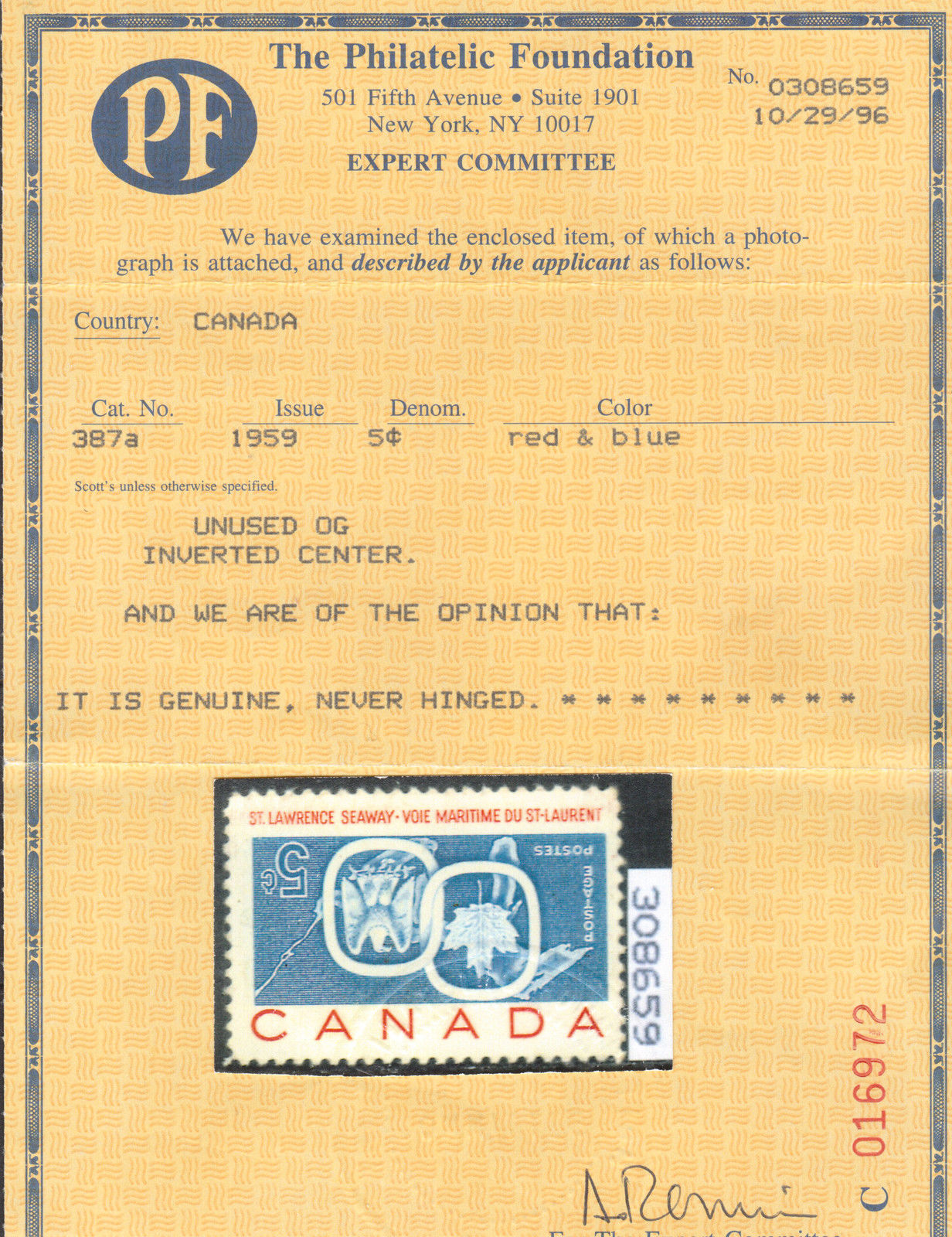 Canada #387a VF/NH Inverted Seaway **With Certificate**