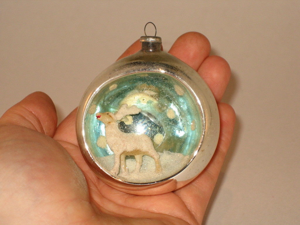 3D Deer Diorama Vintage Christmas Ornament Decoration Japan Antique Glass 1950's