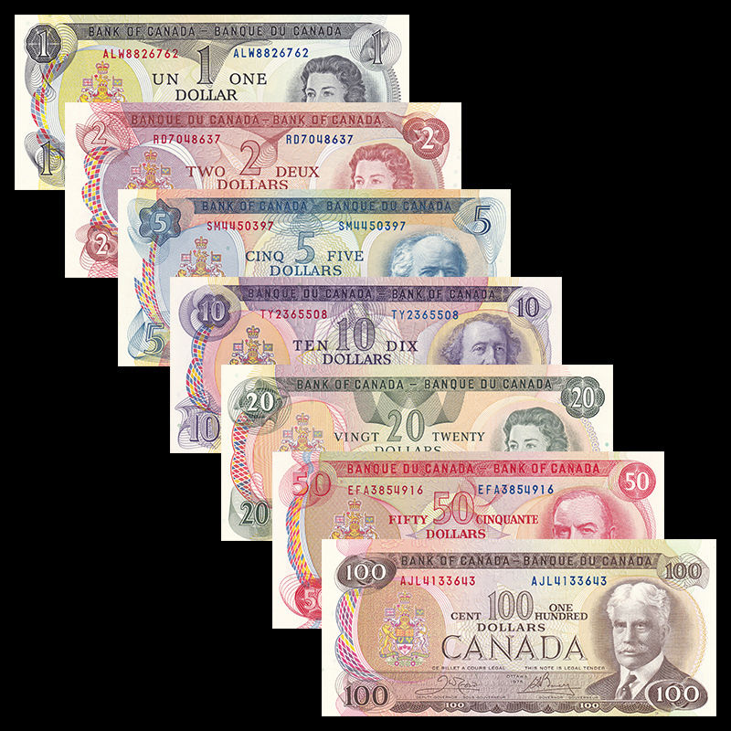 Canada set 7 PCS, 1 2 5 10 20 50 100 Dollars,1971-1979, Banknote, lot UNC