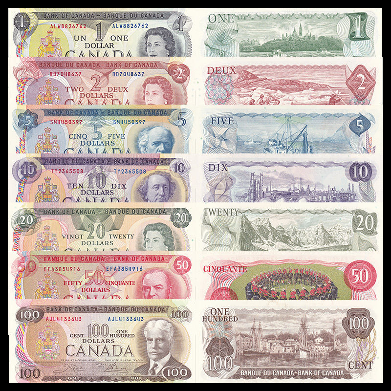 Canada set 7 PCS, 1 2 5 10 20 50 100 Dollars,1971-1979, Banknote, lot UNC