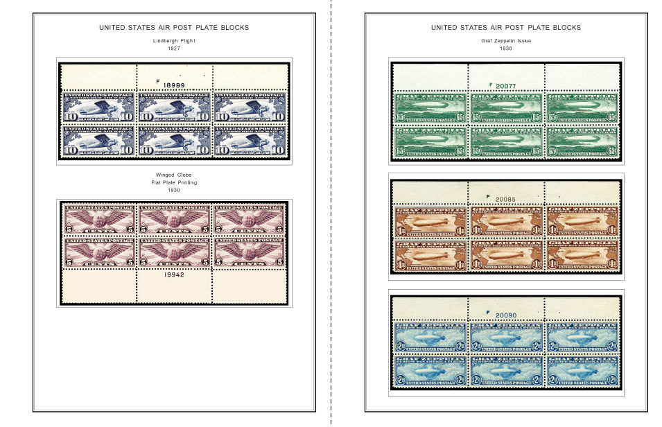 COLOR PRINTED USA AIRMAIL PLATE BLOCKS 1918-2012 STAMP ALBUM PAGES (50 il pages)