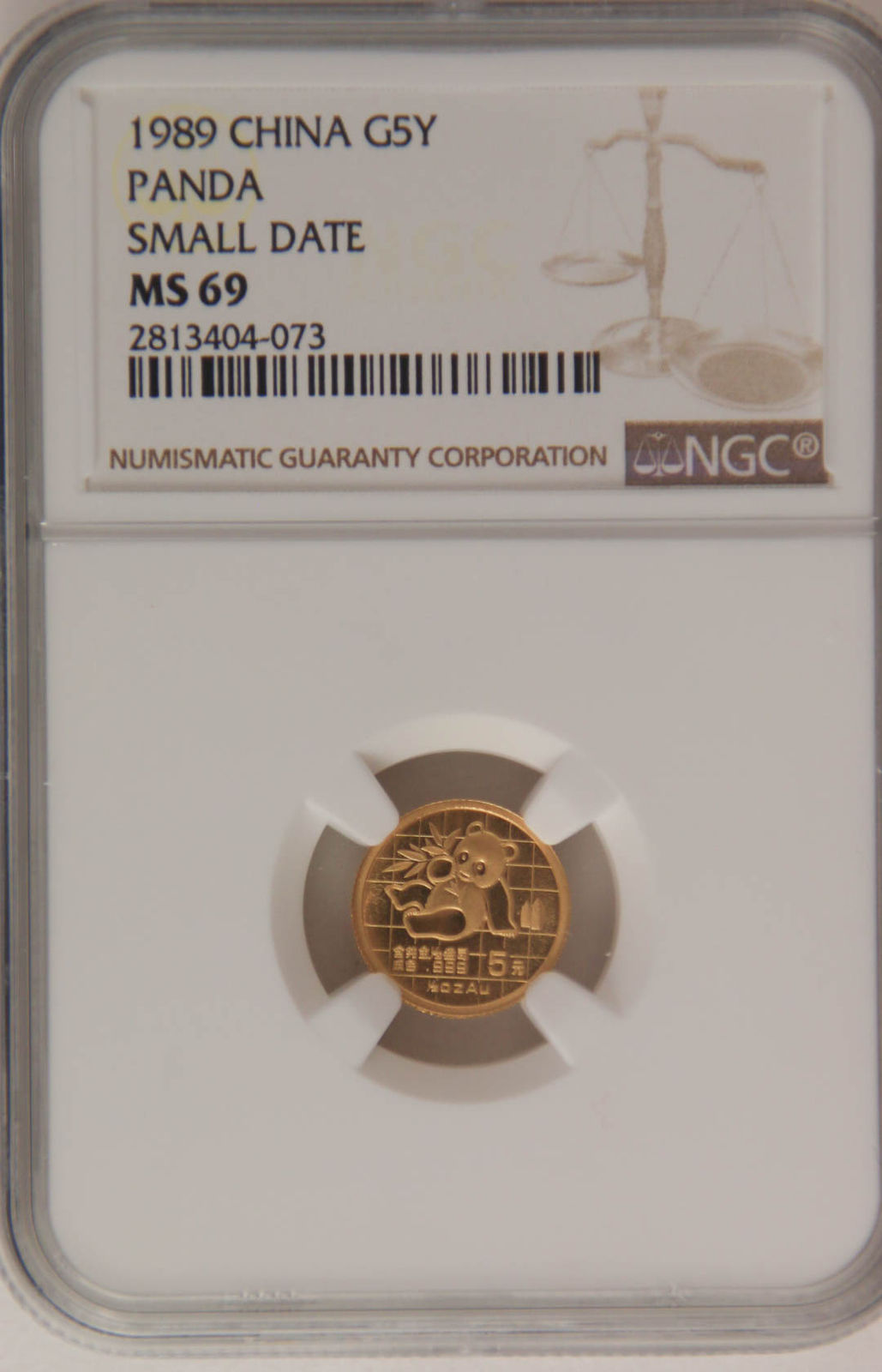 1989 CHINA GOLD PANDA 5 YUAN SMALL DATE NGC MS69